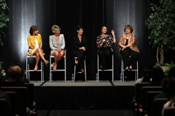 Collins Tuohy, adoptive sister of Baltimore Ravens offensive tackle Michael Oher, addresses the Inspiring Women audience. Joining Tuohy are, from left, Bonnie Kelly and Teresa Walsh, cofounders of Silpada Designs; Mayor Peggy Dunn  of Leawood; and Sue Mitchell, Oher’s tutor.