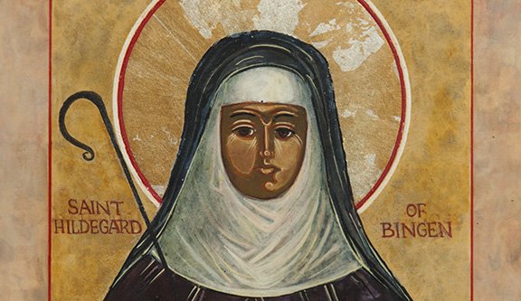 St. Hildegard of Bingen is depicted in an icon by Augustinian Father Richard G. Cannuli. Pope Benedict XVI signed a decree May 10 that formalized her Sept. 17 feast and added her name to the church's catalogue of saints. The German Benedictine mystic, although venerated for centuries, had never been officially canonized. (CNS photo/courtesy of Father Richard Cannuli) (May 11, 2012) See POPE-SAINTS May 10, 2012.