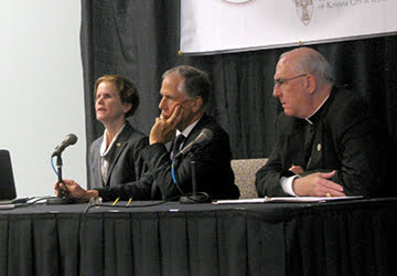 LEAVEN PHOTO BY SHEILA MYERS Following a presentation about the Health and Human Services preventive care mandate, there was a panel discussion with, from left, Karen McLeese, J.D.; John Haas, Ph.D., STL, president of the National Catholic Bioethics Center in Philadelphia; and Archbishop Joseph F. Naumann.