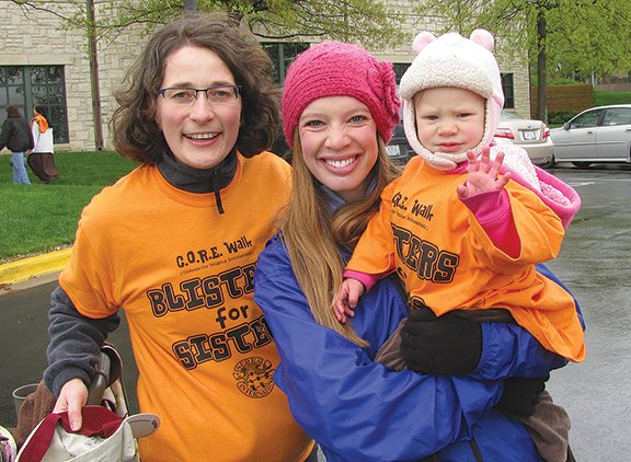 Sister Raffaella Cavallin, AVI, left, Tami Gaughan and Magdalene Gaughan (age 17 months) were geared up for the “Blisters For Sisters” event May 4 at Church of the Nativity in Leawood. The 2.2-mile walk was a fundraiser to benefit religious Sisters in the area.
