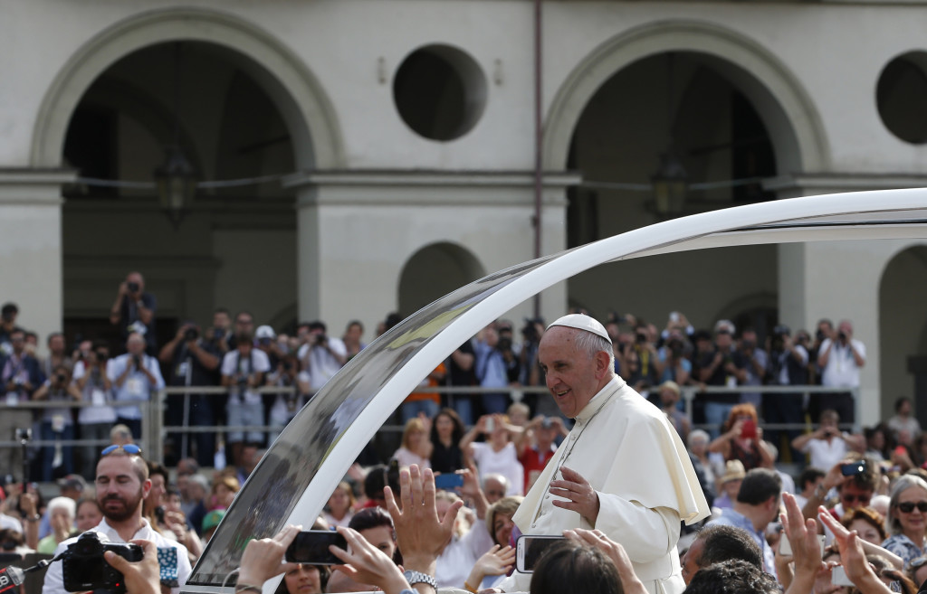 Pope Francis arrives to lead a gathering with young people in Piazza Vittorio in Turin, Italy, June 21. (CNS photo/Paul Haring) See POPE-TURIN June 22, 2015.