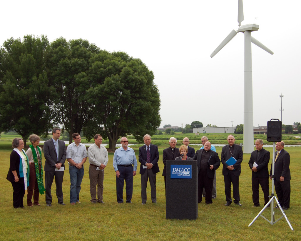 Iowa Catholic and other religious leaders, clean energy advocates and others hold a news conference July 2 to urge people of the state to take action on environmental issues in light of Pope Francis' new Laudato Si'" encyclical. (CNS photo/courtesy Diocese of Des Moines) 