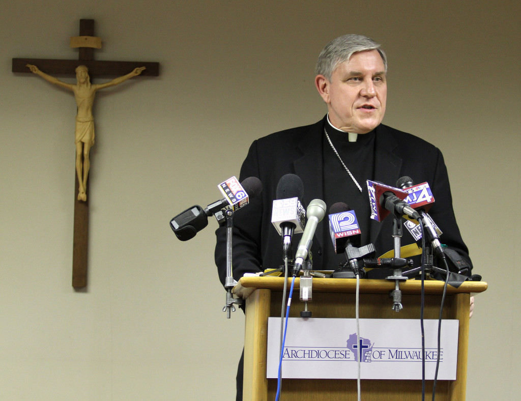Milwaukee Archbishop Jerome E. Listecki addresses a press conference at the Cousins Center in St. Francis, Wis., Jan. 4., after announcing that the archdiocese will file for Chapter 11 reorganization of its financial affairs under the U.S. Bankruptcy Code. (CNS photo/Allen Fredrickson, Catholic Herald) (Jan. 5, 2011) See BANKRUPTCY-MILWAUKEE and BANKRUPTCY-DIOCESES Jan. 5, 2011.