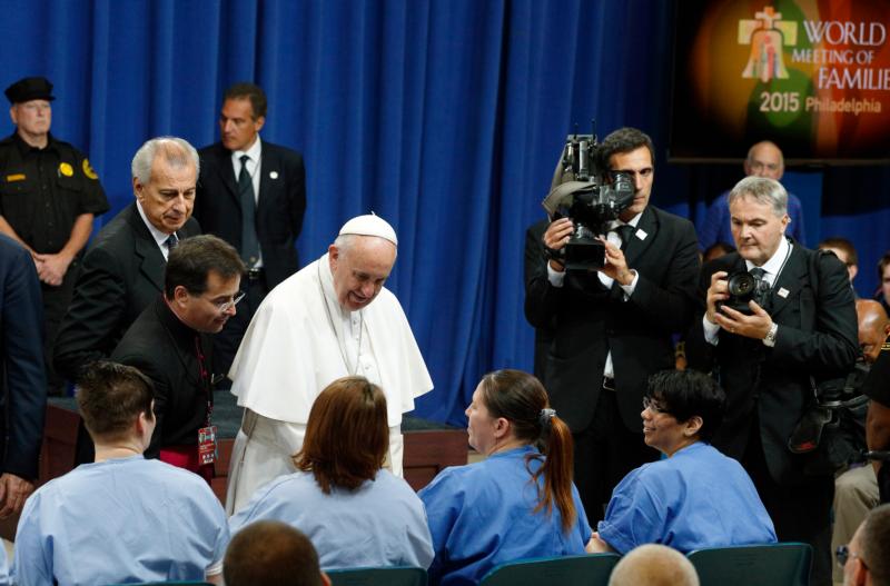 Pope Francis greets prisoners at the Curran-Fromhold Correctional Facility in Philadelphia Sept. 27. (CNS photo/Paul Haring)