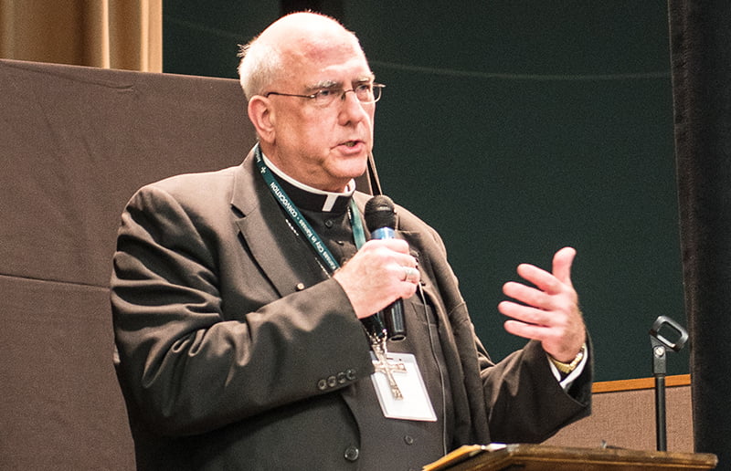 Leaven photo by Joe Bollig Archbishop Joseph F. Naumann kicked off the 2015 archdiocesan convocation by talking about evangelization, which is the focus of the archdiocese’s recent mutually shared vision plan.