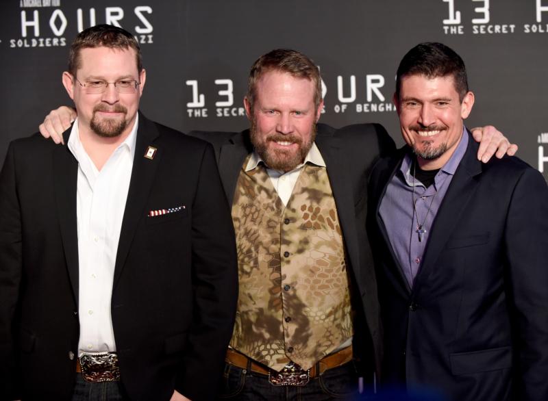 John Tiegen, Mark Geist, and Kris Paronto attend the Dallas Premiere of the Paramount Pictures film "13 Hours: The Secret Soldiers of Benghazi." (CNS photo/Cooper Neill/Getty Images for Paramount Pictures)