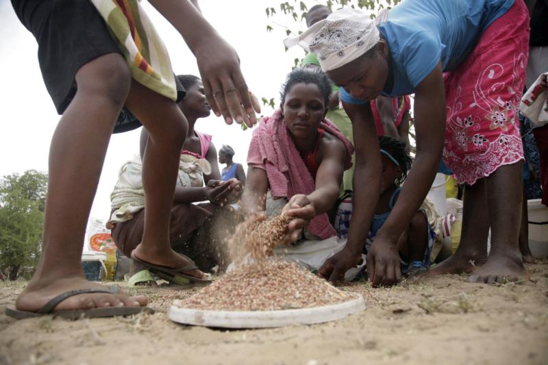 Villagers gather food Jan. 15 at a distribution point near Harare, Zimbabwe. With poverty on the rise and a drought compounding Zimbabwe's problems, people are struggling to make ends meet and the poor are becoming poorer, church workers said. (CNS photo/Aaron Ufumeli, EPA)