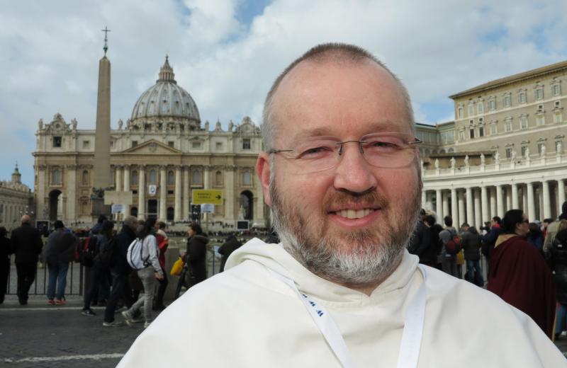 Dominican Father Michael Mary Dosch, pastor of St. Patrick's Church in Columbus, Ohio, is a Missionary of Mercy for the Holy Year. Father Dosch is pictured outside St. Peter's Square at the Vatican Feb. 10. (CNS photo/Carol Glatz)