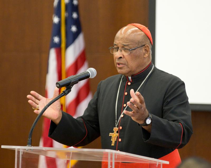 Cardinal Wilfrid Napier of Durban, South Africa, delivers the Cardinal Dearden Lecture Feb. 18 at The Catholic University of America in Washington. (CNS photo/Jaclyn Lippelmann, Catholic Standard)