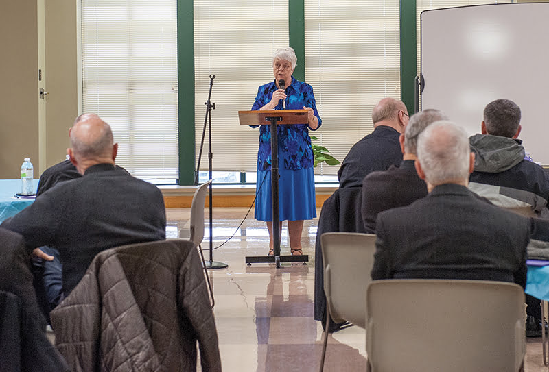 Vicki Thorn, who founded Project Rachel, a ministry that provides healing to those affected by abortion, speaks to priests at Church of the Nativity in Leawood about their role in the ministry. leaven photo by moira cullings