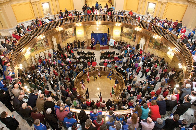 Capitol police estimated that between 1,500 and 2,000 people flooded the state Capitol building in Topeka for the Rally for Religious Freedom on Feb. 17. Leaven photo by Jay Soldner