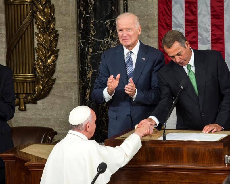 U.S. Vice President Joe Biden and then-House Speaker John Boehner greet Pope Francis in Washington in this Sept. 24, 2015, file photo. (CNS photo/Drew Angerer, EPA)