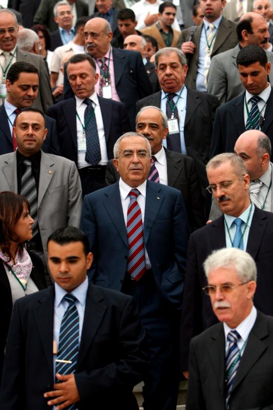 Former Palestine Prime Minister Salam Fayyad and other investors attend an investment conference in Nablus, West Bank, in this Nov. 22, 2008. (CNS photo/Alaa Badarneh, EPA)