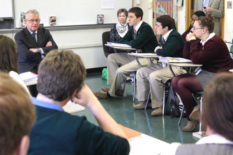 Kevin Kennedy, a former Marine and now U.N. regional humanitarian coordinator for the crisis in Syria, speaks with students March 29 at Msgr. Bonner and Archbishop Prendergast High School in Drexel Hill, Pa. (CNS photo/Sarah Webb, CatholicPhilly.com)