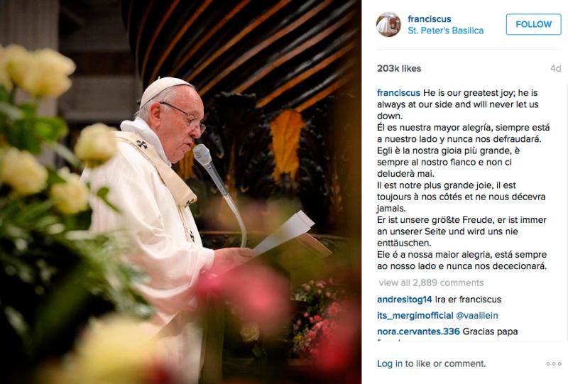 Pope Francis joined the photo-sharing site Instagram March 19 using the account "Franciscus." As of April 1 the pope had more than 2 million followers. This is a screen capture of a post on his page. (CNS photo)