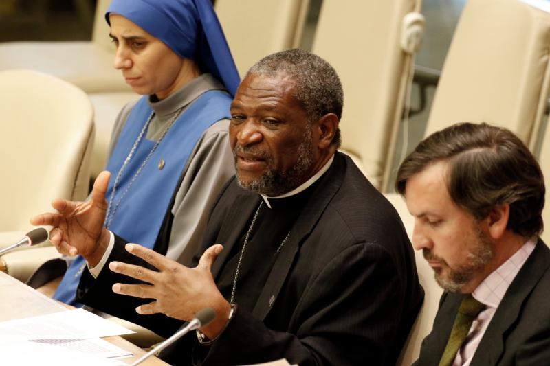 Bishop Joseph Danlami Bagobiri of Kafanchan, Nigeria, speaks during a conference addressing the persecution of Christians and other minorities in the Middle East and Africa at the United Nations April 28. The Vatican mission to the U.N. was a co-sponsor of the conference. (CNS photo/Gregory A. Shemitz)
