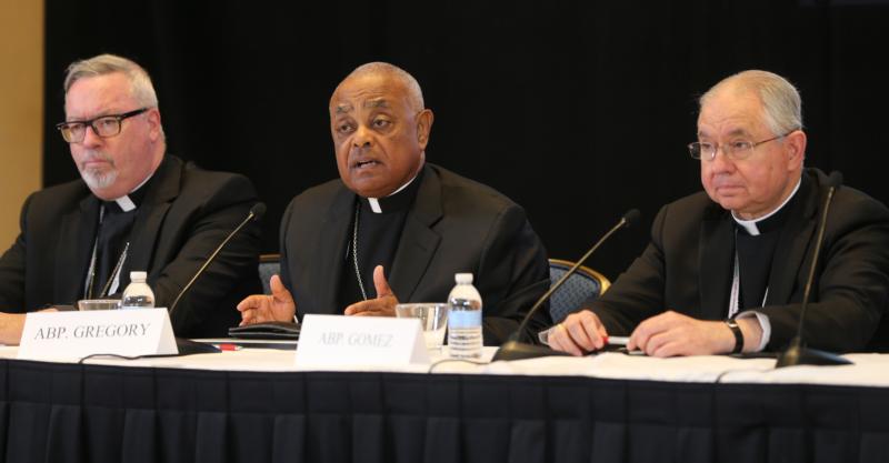 Atlanta Archbishop Wilton D. Gregory, center, speaks during a news conference Nov. 14 during the annual fall general assembly of the U.S. Conference of Catholic Bishops in Baltimore. At left is Bishop Christopher J. Coyne of Burlington, Vt., and at right is Archbishop Jose H. Gomez of Los Angeles. (CNS photo/Bob Roller) See BISHOPS- Nov. 14, 2016.